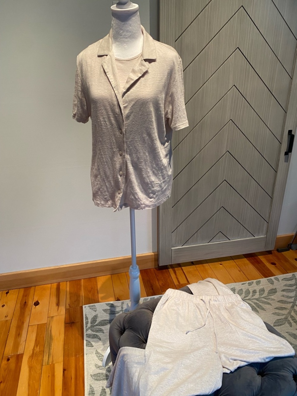 Frank & Oak Linen Cream Short-Sleeve Button Shirt and Drawstring Pants Set (Sm)